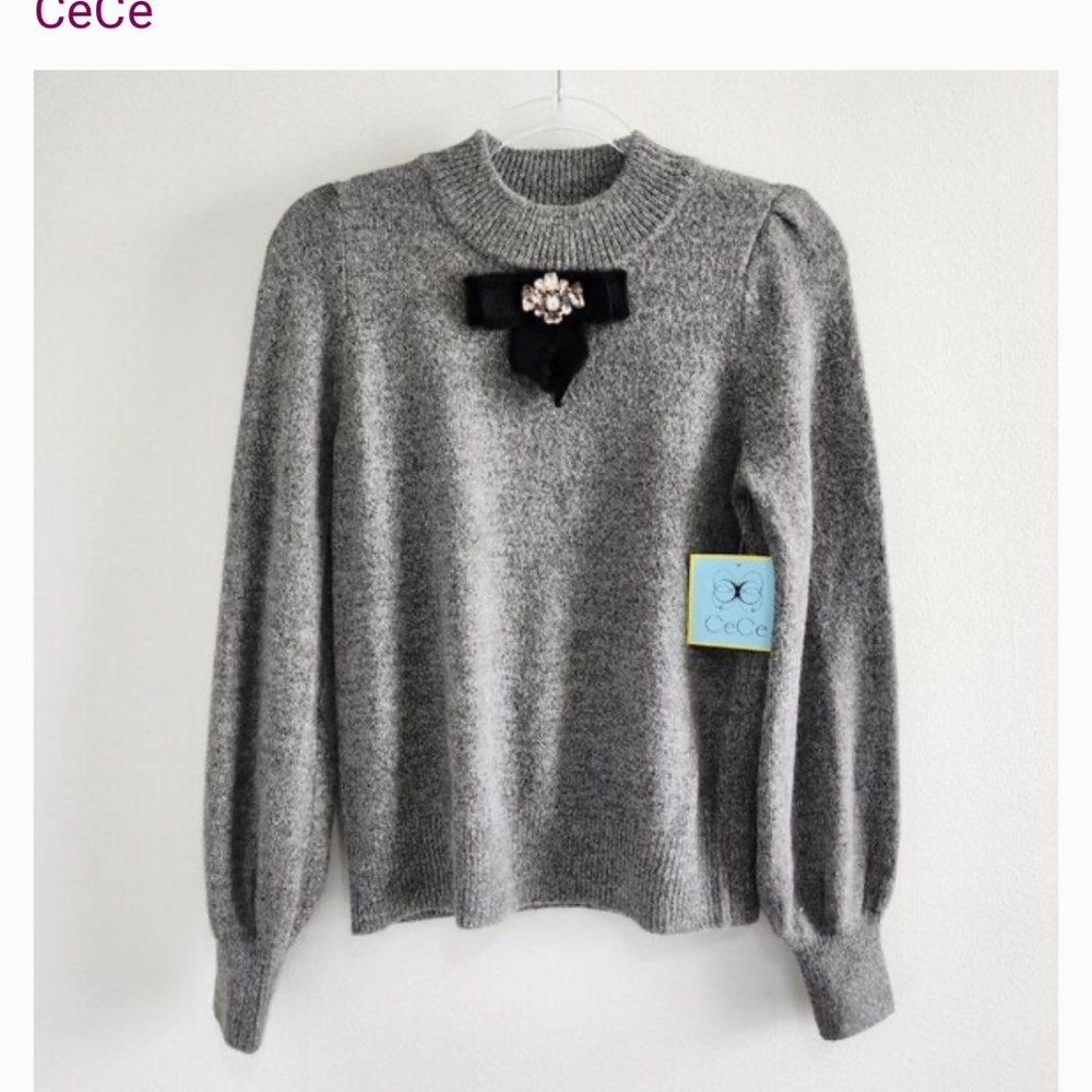CeCe Women’s Sz M Knit Sweater Gray Long Puff Sleeve Rhinestone Black Bow Soft